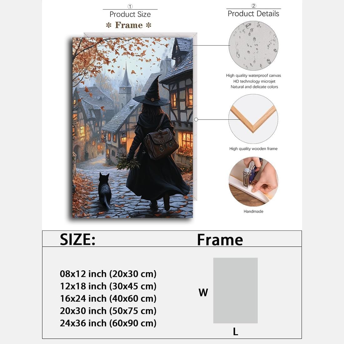 Autumn Witch And Black Cat Picture Wall Decor,Halloween Canvas Vintage Rustic Wall Art,Preppy Bedroom Living Room Bathroom Poster Print,12"x18" Framed