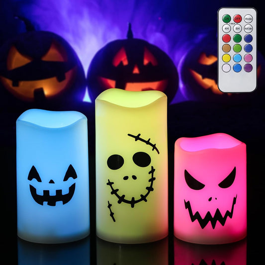 GenSwin Flameless LED Pillar Candles - Battery Operated, 12 Color Changing, Remote Timer, Perfect for Halloween, Fall Decor (3 x 4 x 5')