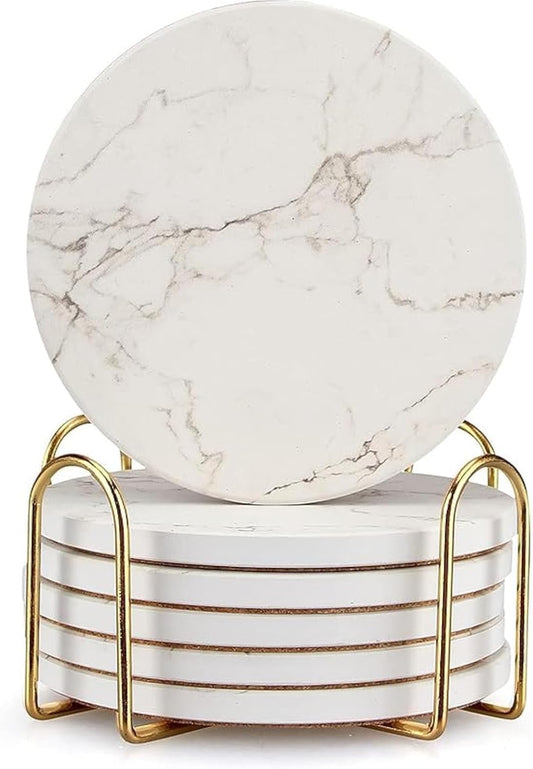 6 Pack White Marble Coaster Set with Holder Absorbent Drink Coasters Ceramic Cute Coaster Bar Dining Coffee Table Accessories Decor Gift Funny Cup Stone Modern Costers Cool Desk Beer Cork Coasters
