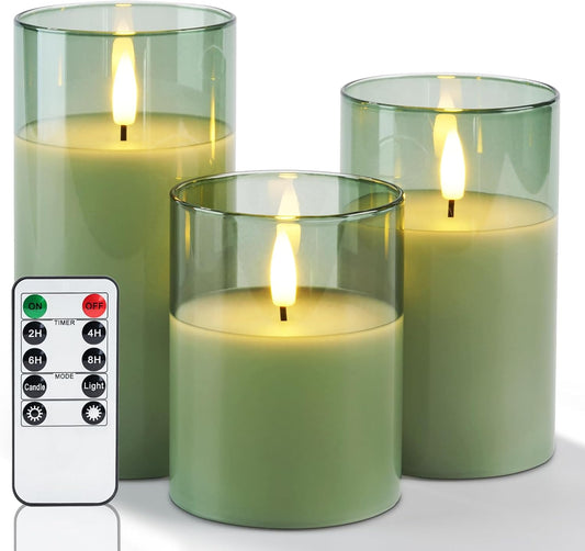 Amagic Green Glass Flameless Candles with Remote and Timer, Real Wax Battery Operated Candles, Flickering Electric LED Pillar Candles for St. Patrick's Day, Christmas Party Decor, Set of 3