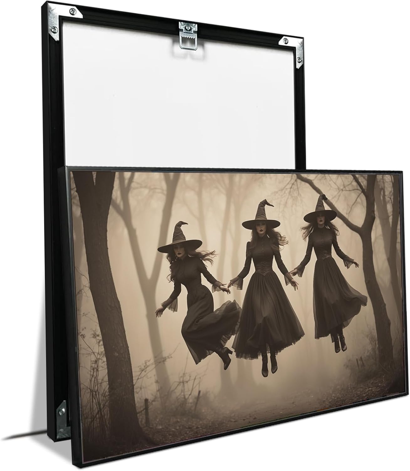 JFHCQJPK Three ghost witches flying in vintage forest gothic wall art witchcraft decoration holiday gift canvas wall art print20x30in Metal blackFramed