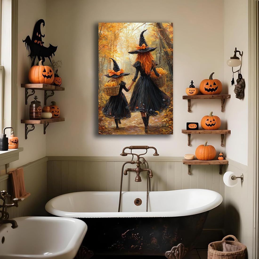 Mother Witch And Child Daughter Witch Wall Art,Halloween Autumn Woodland Forest Path Picture,Family Room Nursery Playroom Kids Room Decor,20"x30" Framed
