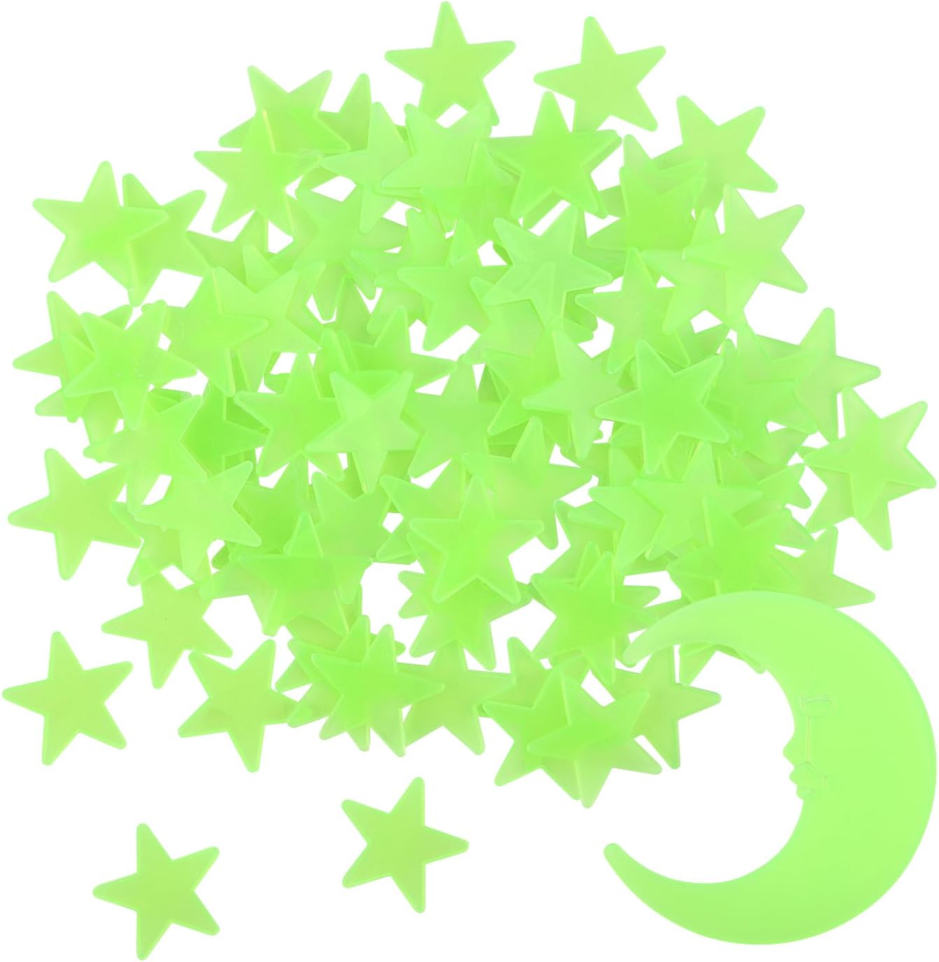 100 Stars and 1 Moon Glow in The Dark Luminous Fluorescent 3D Plastic Glow Stars Moon for Ceiling, Glowing Wall Stickers Create a Realistic Starry Sky, Room Decorations (Green)