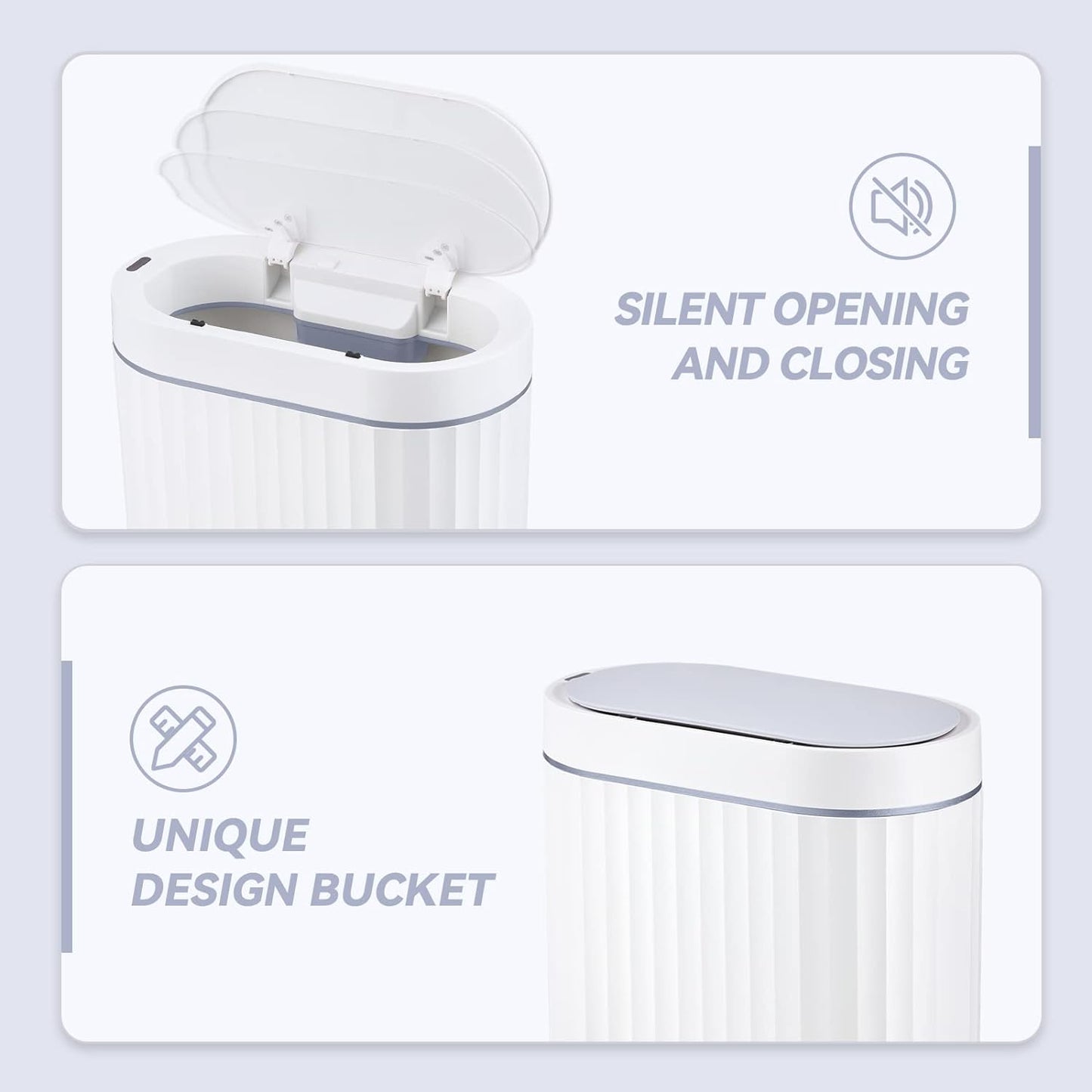 ELPHECO Bathroom Motion Sensor Trash can 2 Gallon Automatic Garbage Can, Slim Plastic Smart Trash Can with Lid, Commercial Intelligent Trash Bin for Bedroom, Bathroom, Office, White with Grey Trim