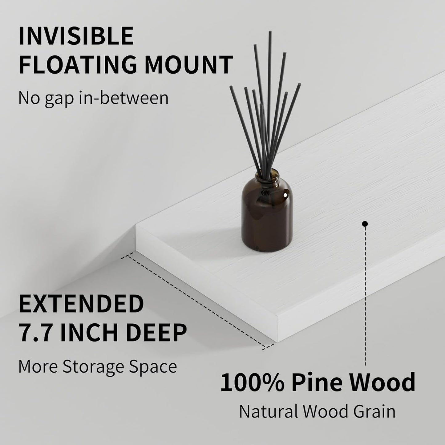 SAUMONIERES Floating Shelves 8 Inch Deep Solid Wood Wide Wall Shelf Set of 2 Wall Mounted for Bedroom Bathroom Living Room Kitchen, 24 Inch White