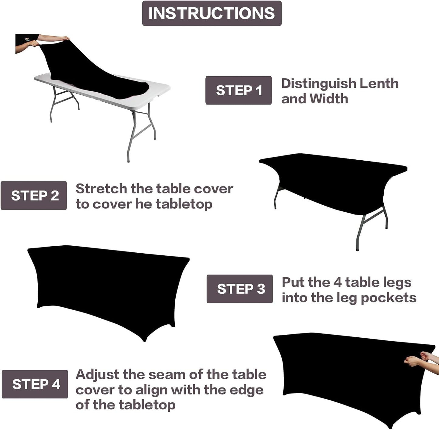 IVAPUPU 2 Pack 4FT Table Cloth for Rectangular Fitted Events Stretch Black Table Covers Washable Spandex Spring Tablecloth Protector for Party, Wedding, Cocktail, Banquet, Festival