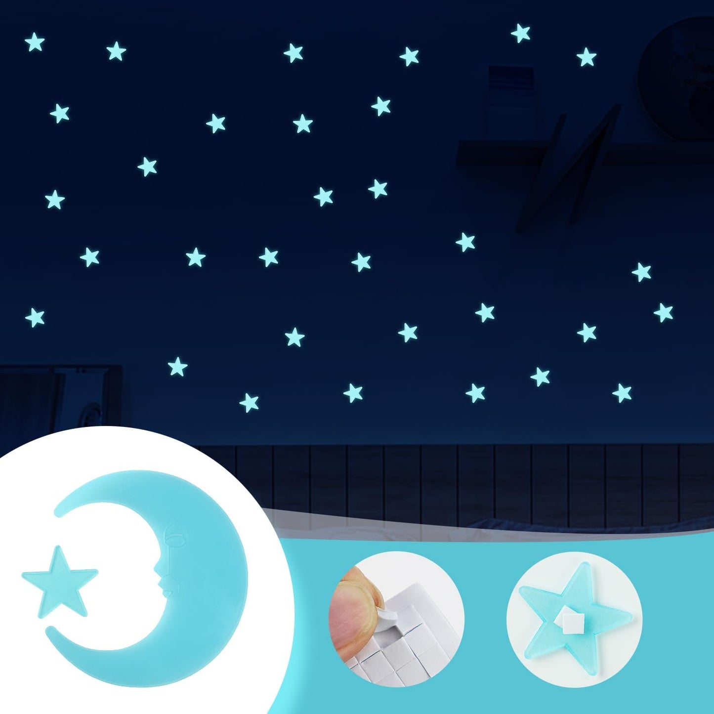 100 Stars and 1 Moon Glow in The Dark Luminous Fluorescent 3D Plastic Glow Stars Moon for Ceiling, Glowing Wall Stickers Create a Realistic Starry Sky, Room Decorations (Blue)