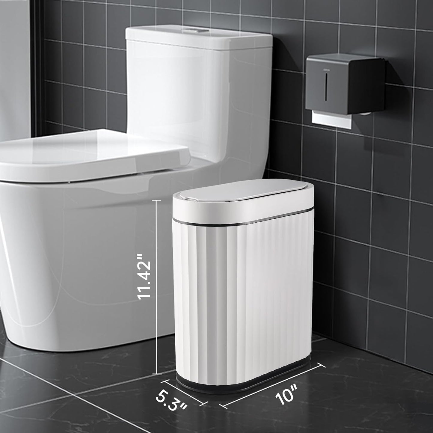 ELPHECO Bathroom Trash Can with Lid 2 Gallon Small Sensor Garbage Can, 9 Liter Slim Smart Trash Bin, Waterproof Automatic Wastebasket, Narrow Plastic Garbage Bin for Bathroom, Black and White