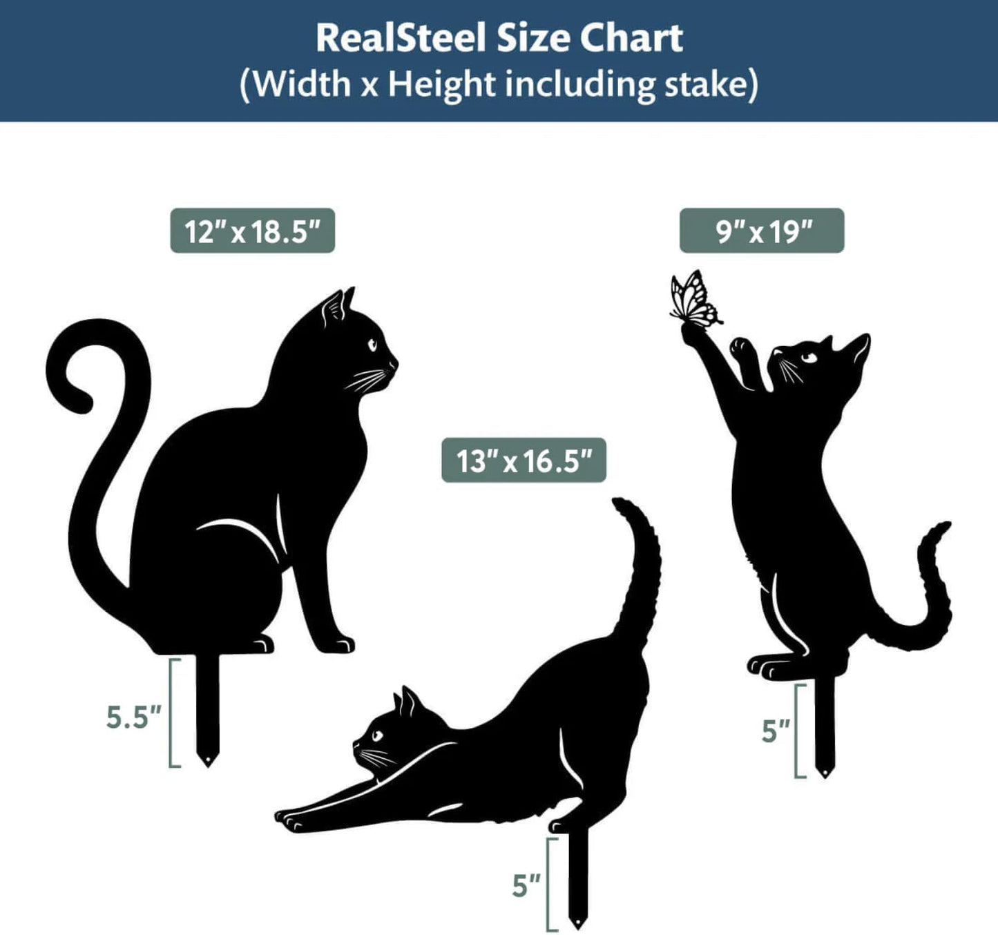 RealSteel I 3 Pack Steel Cat Garden Decor I Outdoor Yard Decorations I Gift for Cat Lovers I Lawn Ornaments and Statues I Garden Signs Decorative Outdoor - Textured Silver