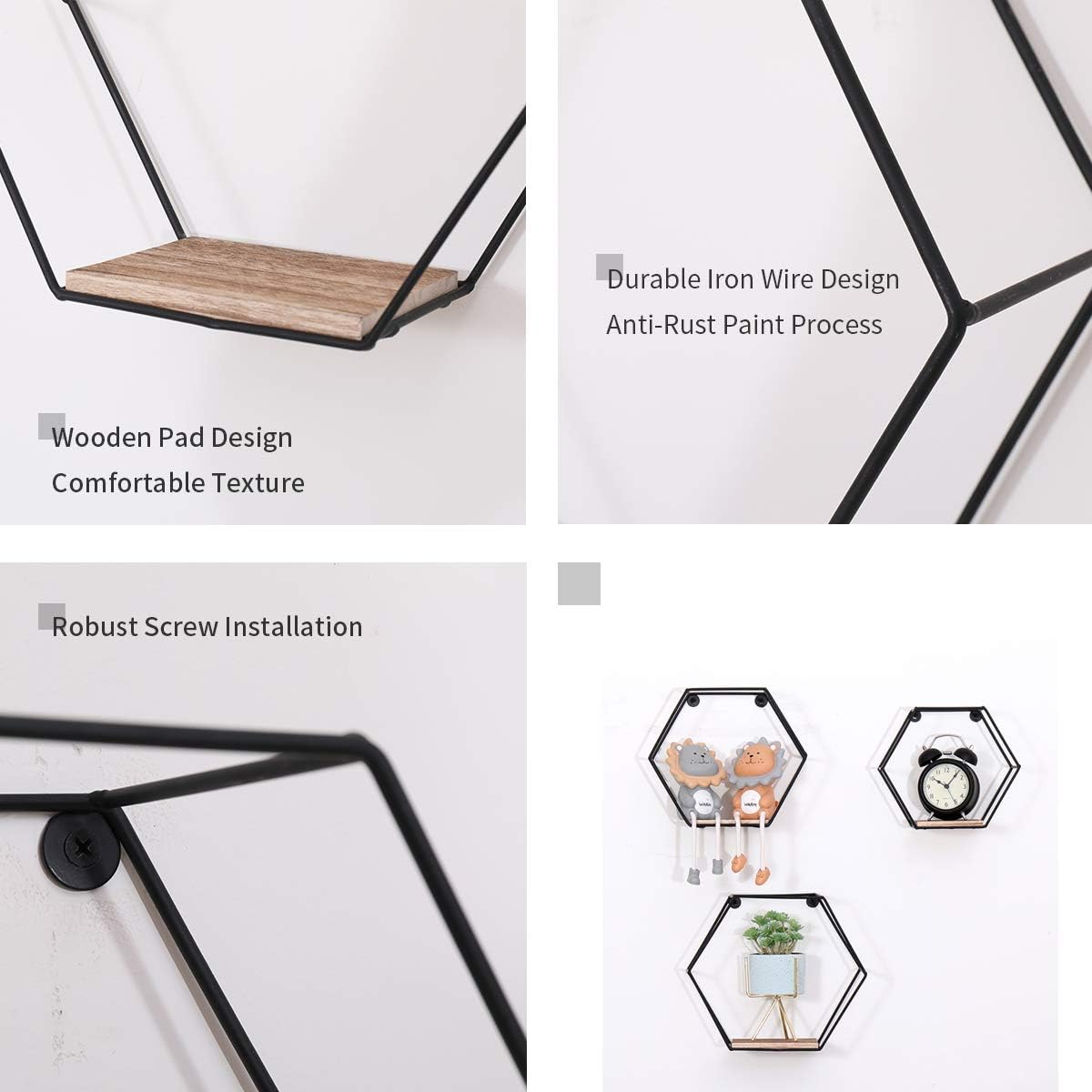 DRNCURN Hexagon Floating Shelves Wall Decor, Black Metal Wire and Wood Wall Mounted Storage Set of 3, Wall Mounted Wood Shelf for Bedroom, Living Room, Bathroom, Kitchen, Picture Ledge Shelf