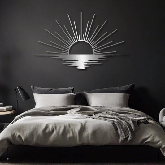 Sunrise Metal Wall Art, Metal Sun Wall Decor, Metal Sun Outdoor Decor, Large Metal Sun Wall Art, Sun Wall Art, Boho Sun Wall Art, Sunshine Metal Sign, Living Room Bedroom Wall Hangings (Silver, 29"x 17"| 76x45cm )