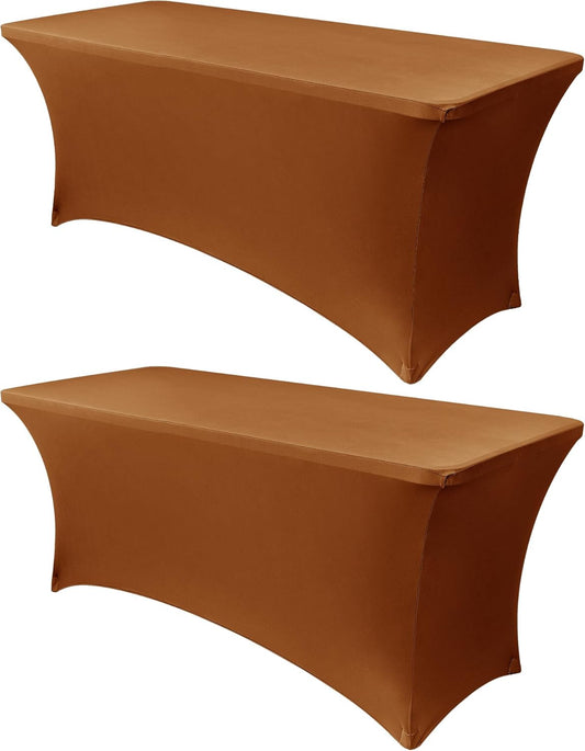 Obstal 6ft Stretch Spandex Table Cover for Standard Folding Tables - Universal Rectangular Fitted Tablecloth Protector for Wedding, Banquet and Party, 72L x 30W x 30H Inches, Light Coffee, 2pc