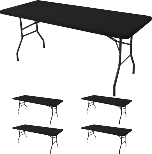 Fitted Tablecloth for 8 Foot Rectangle Tables-4 Pack Black Elastic Outdoor Picnic Table Cover-Spandex Stretch Folding Table Cloths 8ft for Camping Dining Room Patio Kitchen Banquet Party