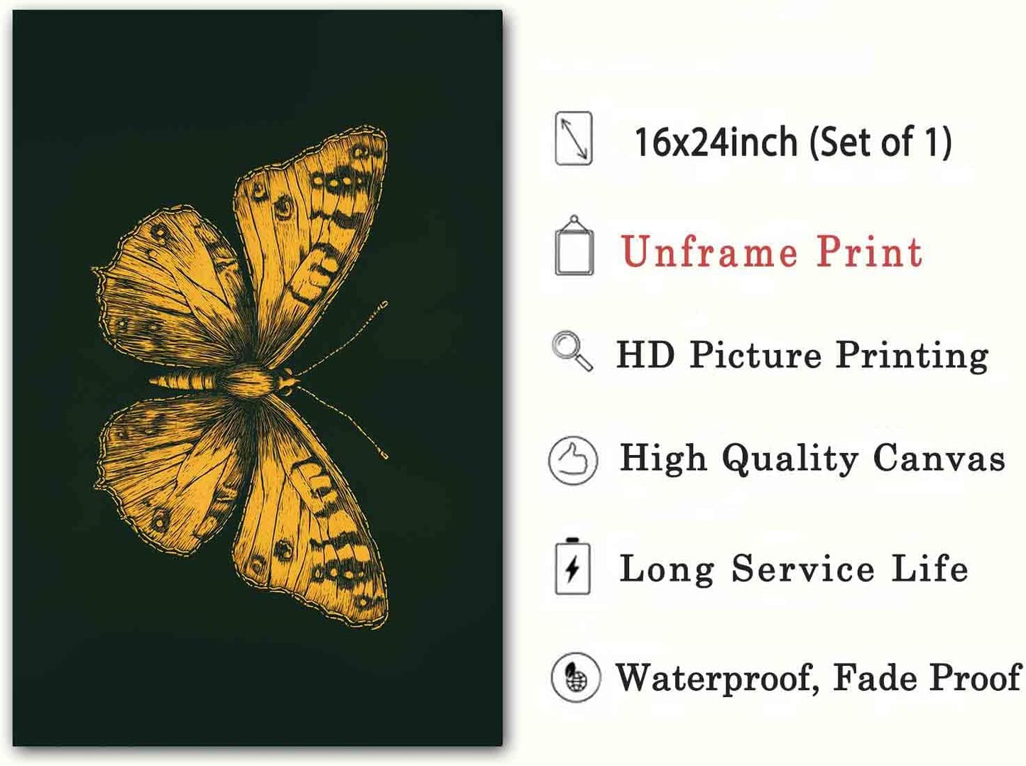 Gold Butterfly Paintings Green Gold Abstract Wall Art Moody Insect Artwork Vintage Butterfly Pictures Abstract Moody Animal Prints Wild Animals Painting Living Room Decor 16x24inch No Frame