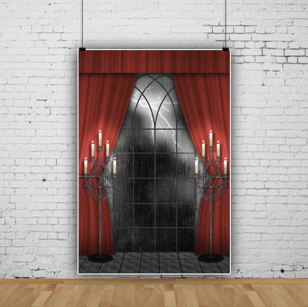 Renaiss 10x12ft Vintage Gothic Window Backdrop Red Curtain Candlestick Black Floor Lightning Stormy Sky Vampire Medieval Castle Photography Background Halloween Dress Up Party Decors Photo Booth Props