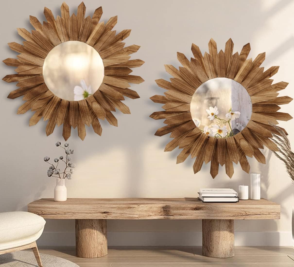 LOSOUR 2 Pack 22 Inch Boho Wall Sunburst Mirror Rustic Round Wood Decorative Mirror Boho Wall Art Decor for Entryway Bedroom Living Room