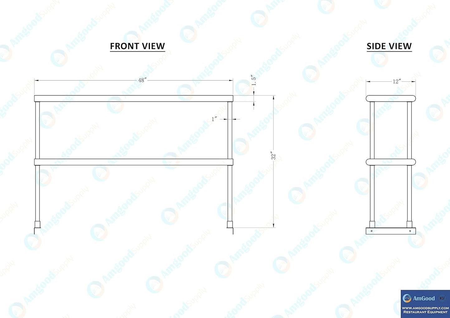AmGood Double OverShelf Stainless Steel NSF - Many (48" Long x 12" Deep)