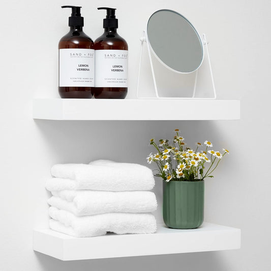 Homeforia White Floating Shelves 16 inch, High End Solid Real Wood 16inch Bathroom Floating Shelf for Wall Mounted, White Wooden 16 Floating Shelves, Heavy Duty Bracket, 16 X 6.5 X 1.75 inch, Set of 2