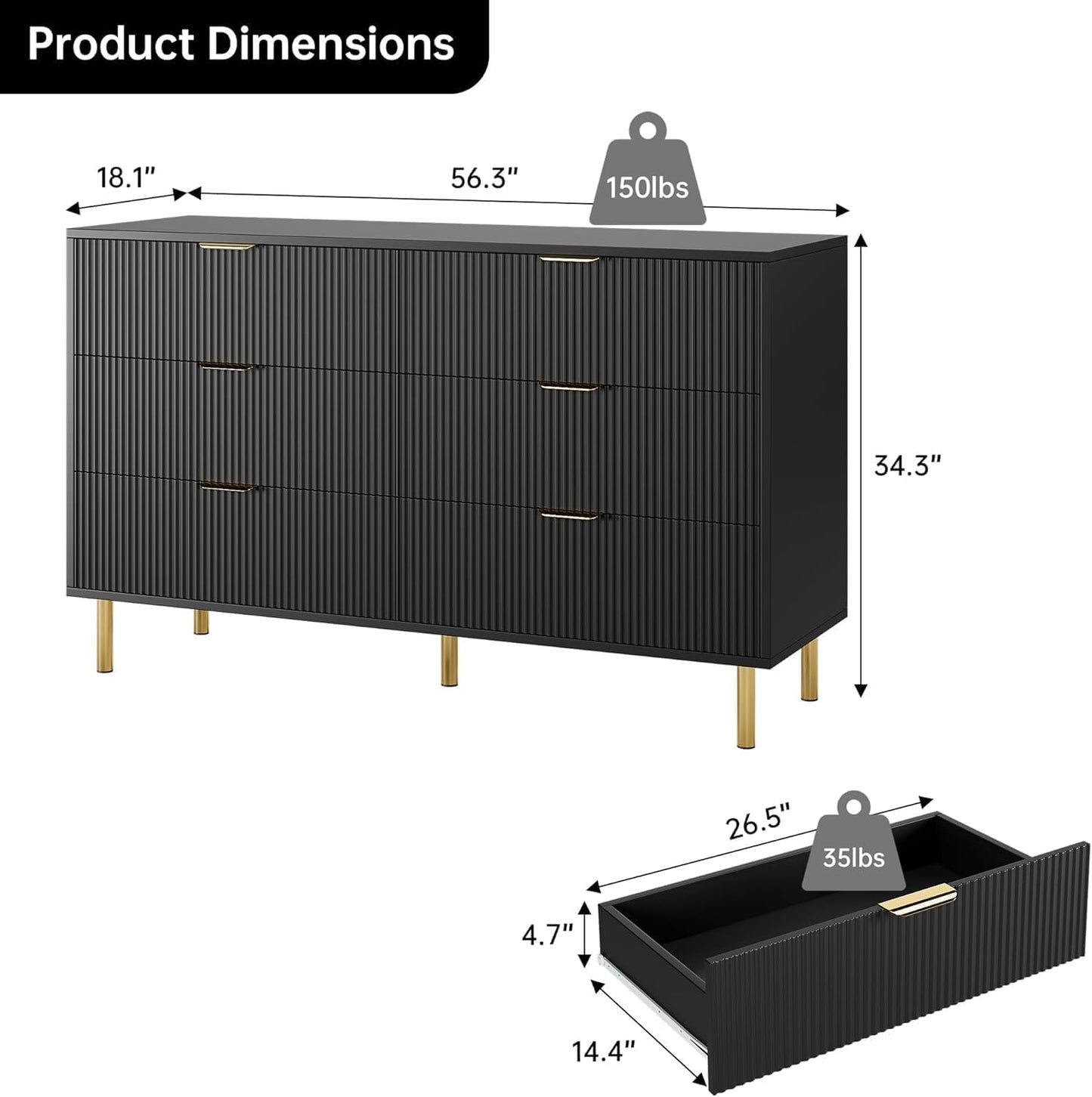 GAOMON 6 Drawer Dresser, Wood Chest of Drawers Organizer Storage with Gold Handle, Large Storage Cabinet, Modern Design Dresser for Bedroom, Living Room, Closet, Hallway, Entryway, Black