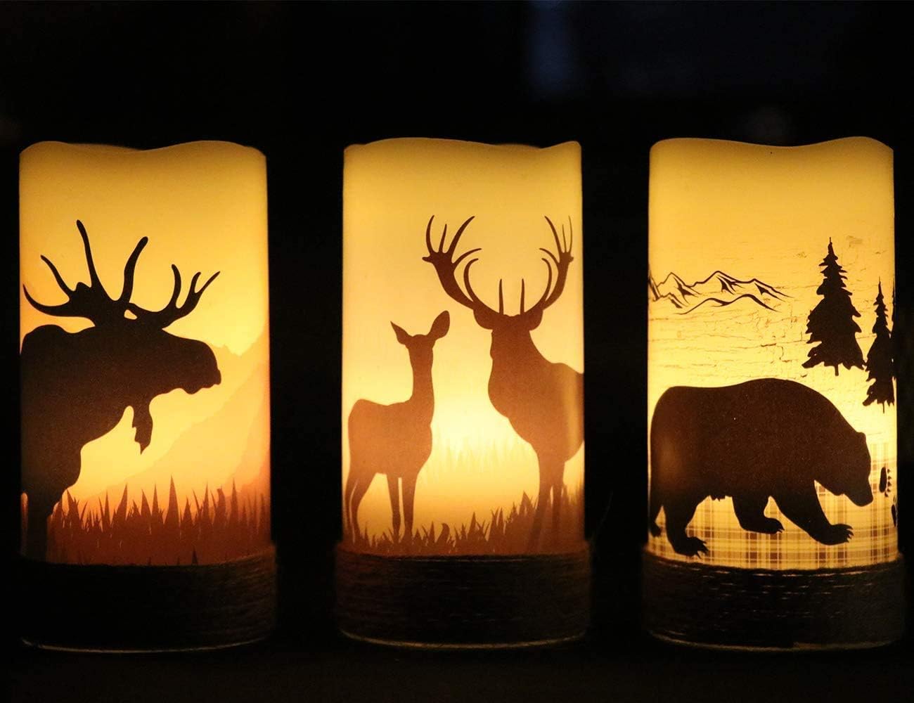 GenSwin Battery Operated Flameless Led Candles Flickering with Hemp Rope and 6H Timer, Real Wax Pillar Candles Warm Light with Deer, Moose, Bear Decals Decor Christmas Home(Pack of 3, D3 x H6)