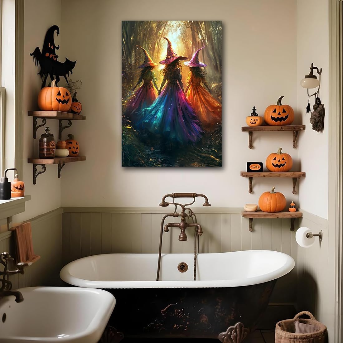 Halloween Room Decor Wall Art Colorful Witch Prints,Vintage Three Colorful Witches in Forest Halloween Posters,Fall Fantasy Aesthetic Pictures Playful Art Wall Decor for Bedroom,20"x30" Framed