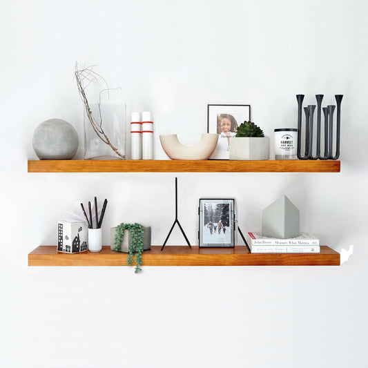 Homeforia Oak Floating Shelves 42 inch Long, High End Solid Real Wood 42inch Floating Shelf for Wall Mounted, Honey Oak Wooden 42in Floating Shelves, Heavy Duty Bracket, 42 X 6.5 X 1.75 in, Set of 2