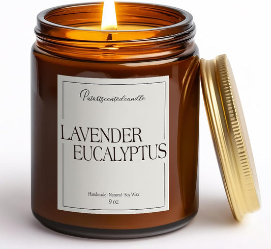 Lavender & Eucalyptus Scented Candles for Home, Natural Soy Wax Aromatherapy Non Toxic Candle Gifts for Women Men, Home Fragrance Decoration Glass Jar Candle for Meditation and Relaxation (9oz)
