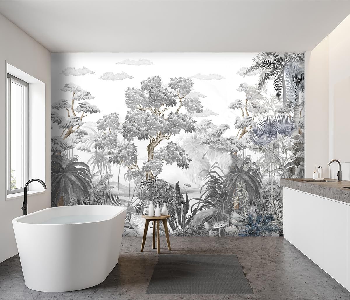 -Tropical Rainforest Botanical Grey Jungle Forest Fabric Wallpaper Living Room Palm Leaf Plant Bedroom Bathroom Wall Mural- 91"x65"（ not Peel and Stick）