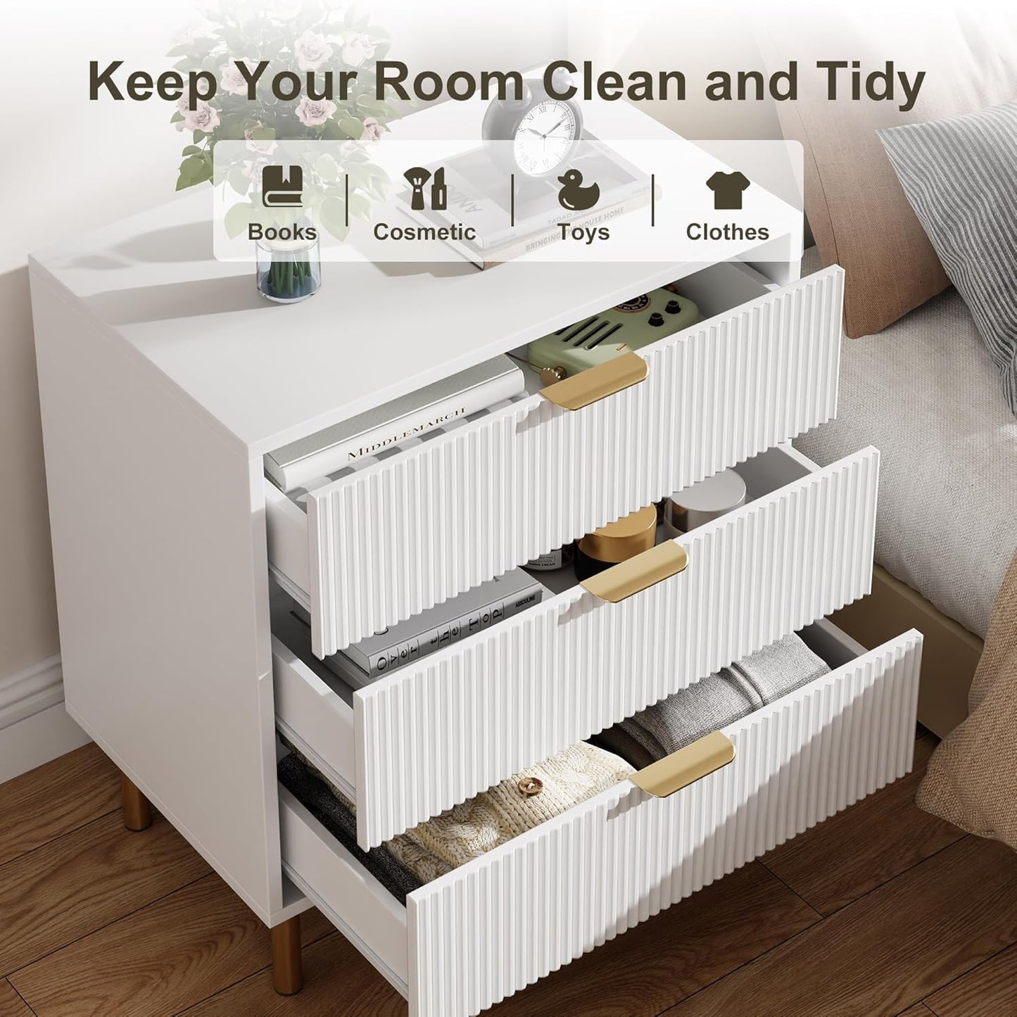 GAOMON 3 Drawer Dresser, Wood Chest of Drawers Organizer Storage with Gold Handle, Small Storage Cabinet, Modern Design Dresser for Bedroom, Living Room, Closet, Hallway, Entryway, White