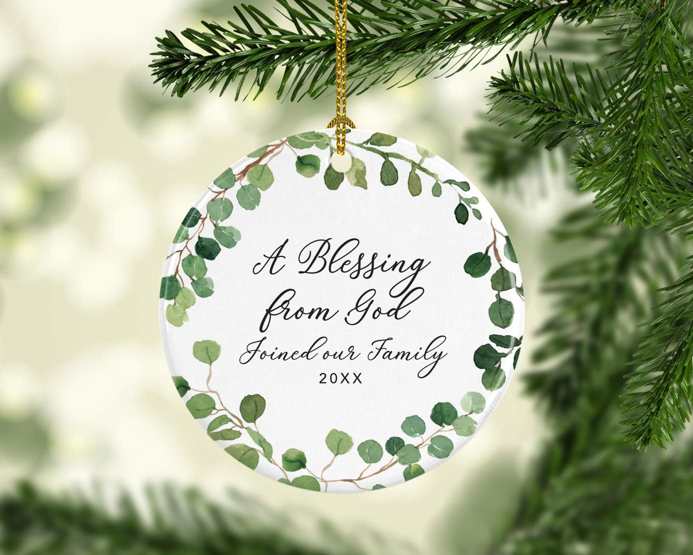 Andaz Press Custom Year Round Ceramic Porcelain Christmas Tree Ornament Keepsake Collectible Gift, A Blessing from God Adopted 2025, Farmhouse Eucalyptus Wreath, 1-Pack