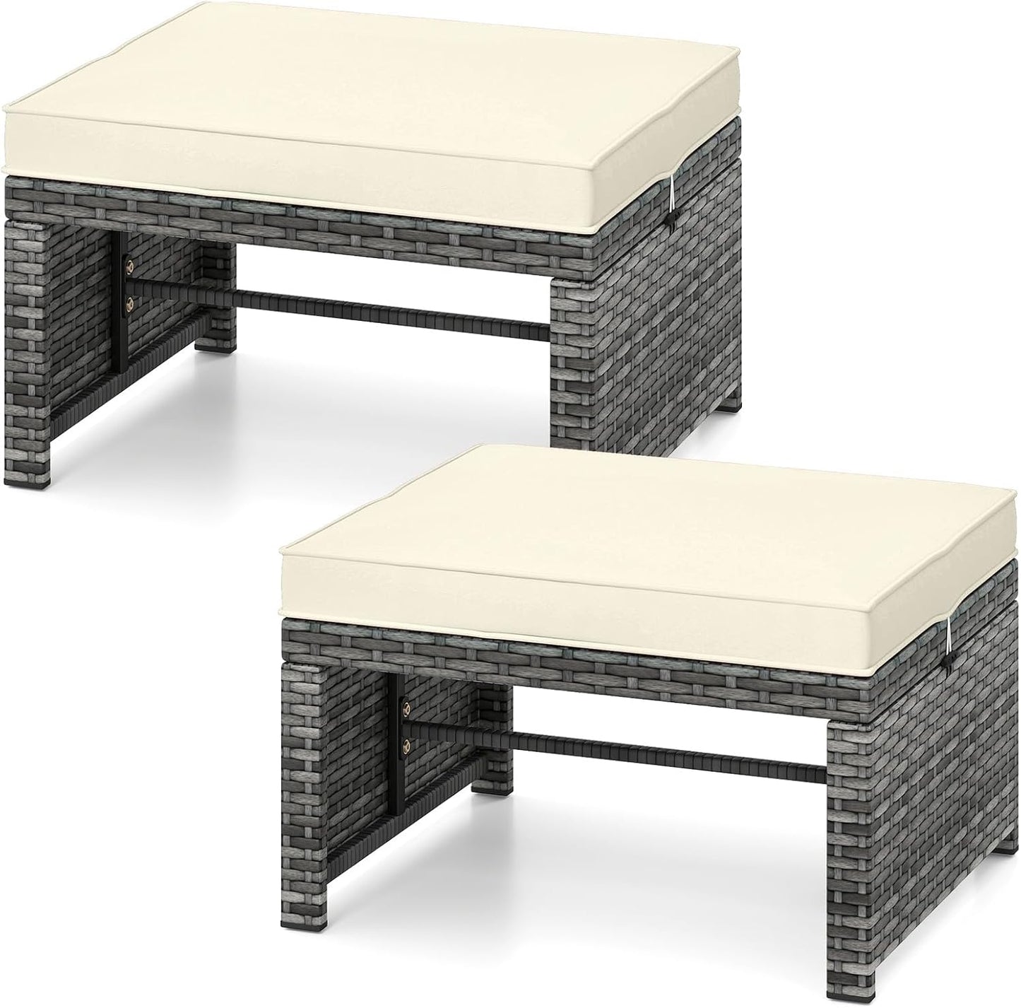 Tangkula 2 Pieces Patio PE Rattan Ottomans, Multipurpose Outdoor Footstool Footrest Additional Seating Side Table with Soft Zippered Cushions for Deck, Garden, and Yard (White)