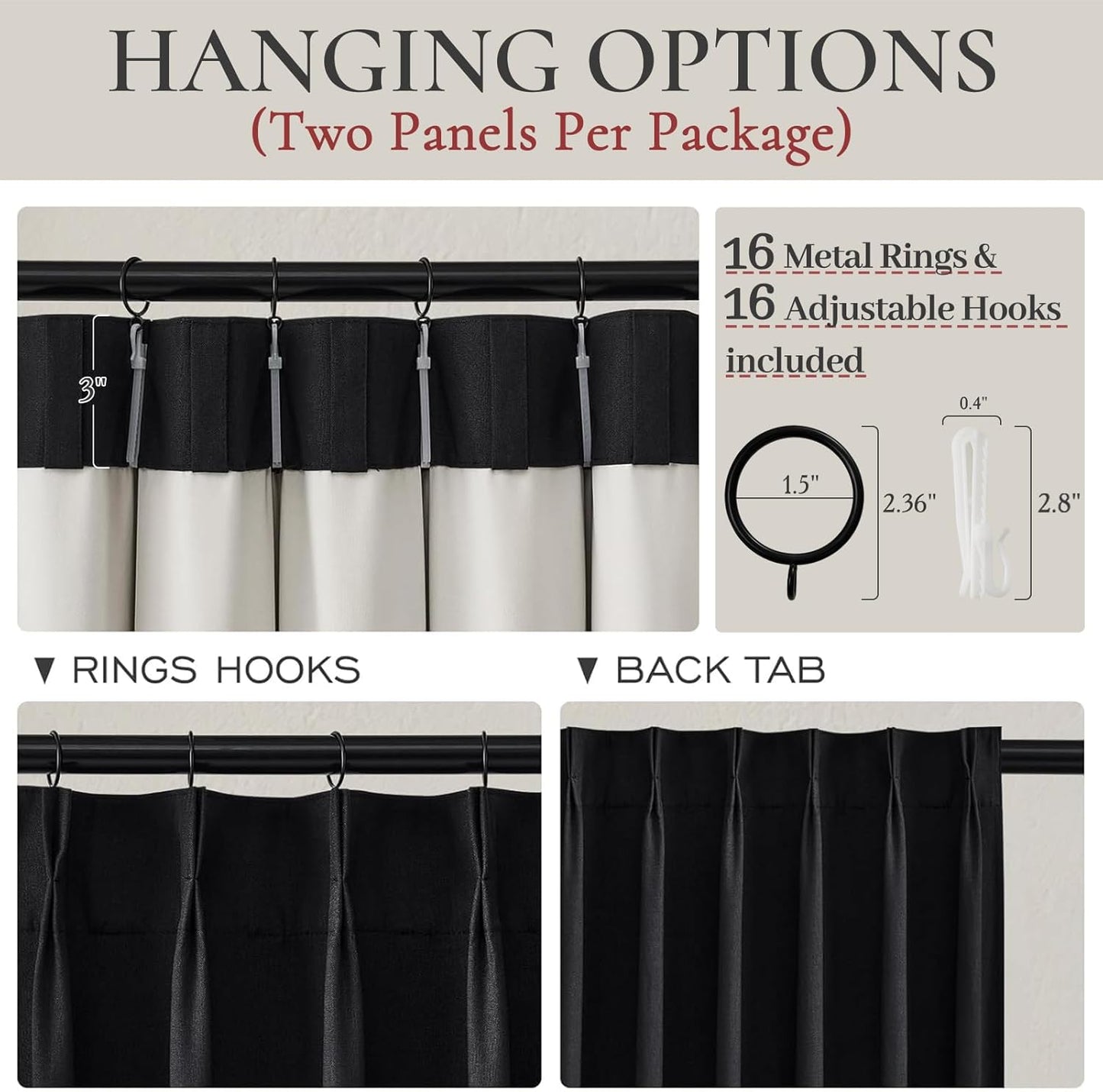 Solid Black Out Curtains 96 Inches Long, Linen Blackout Curtains for Living Room 96 Inch Length 2 Panels Set Back Tab/Pinch Pleated Lush Decor Textured Thick Window Drapes Thermal for Summer Heat