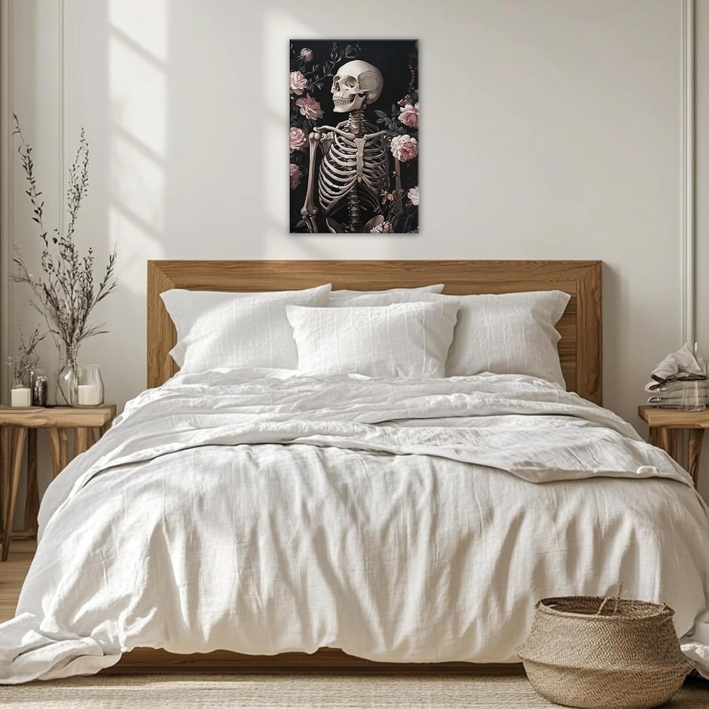 OAAPITI Skull Floral Wall Art Vintage Skeleton Portrait Canvas Print Dark Gothic Skull Art for Living Room Bedroom Home Wall Decor Ready to Hang(Artwork-10,28"x42")