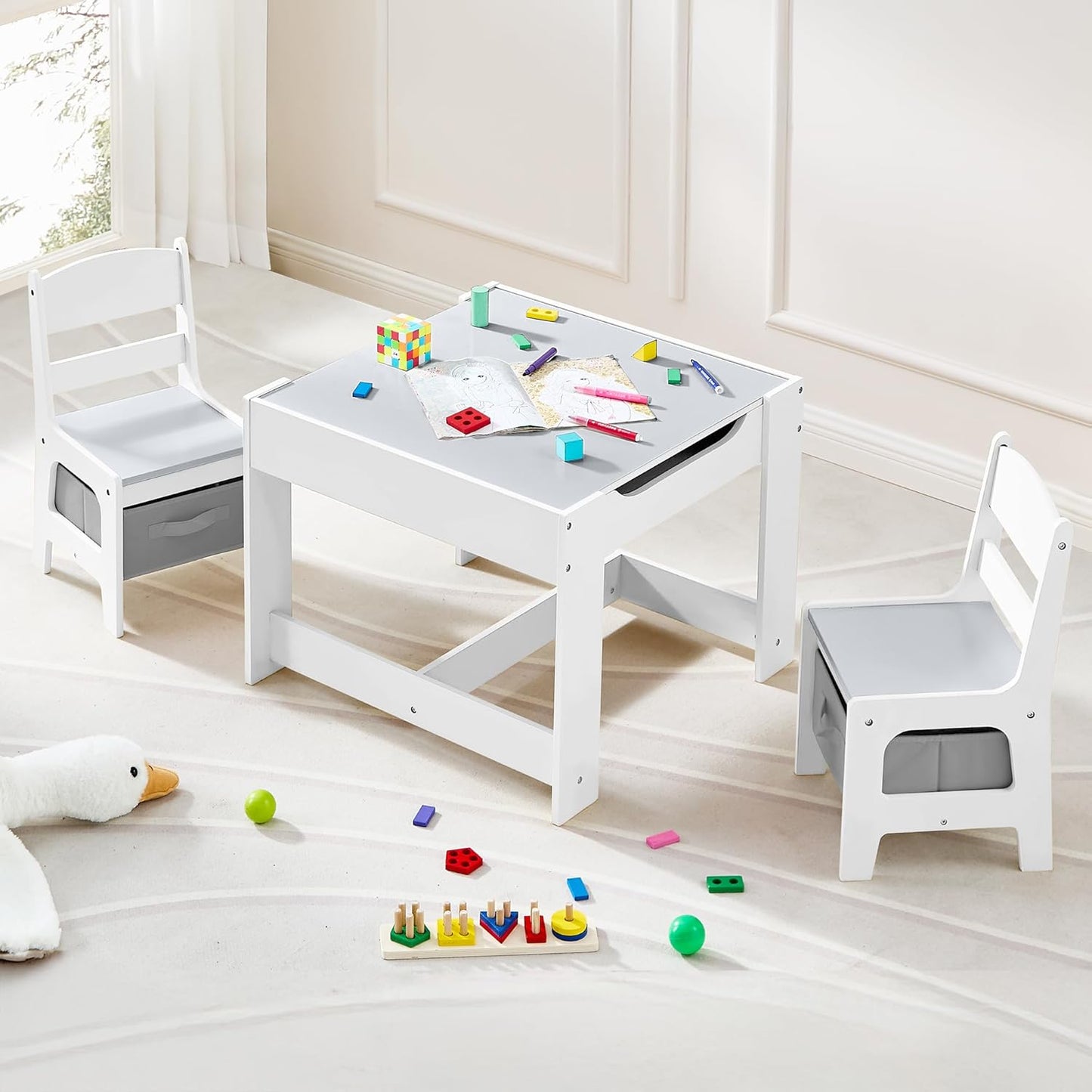 Kids Table and Chair Set, 3 in 1 Wooden Activity Table with Detachable Tabletop, Toddler Table and Chair Set with Storage Drawer, Kids Play Table for Children Art, Craft, Eating, Learning