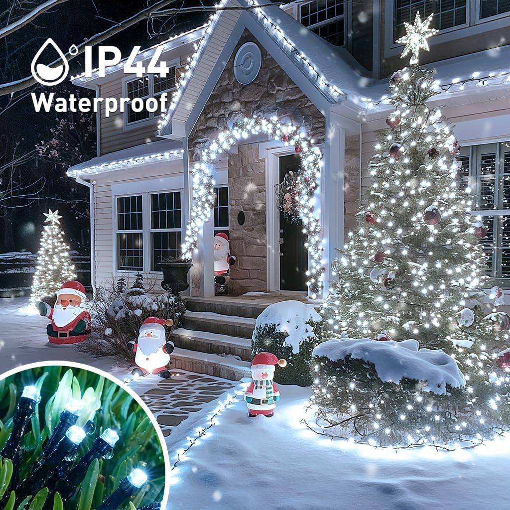 JMEXSUSS 200 LED White Christmas Lights Outdoor, 66ft Connectable Christmas Tree Lights Green Wire, 8 Modes Waterproof Christmas Twinkle String Lights Plug in for Xmas Wedding Party Indoor Decorations