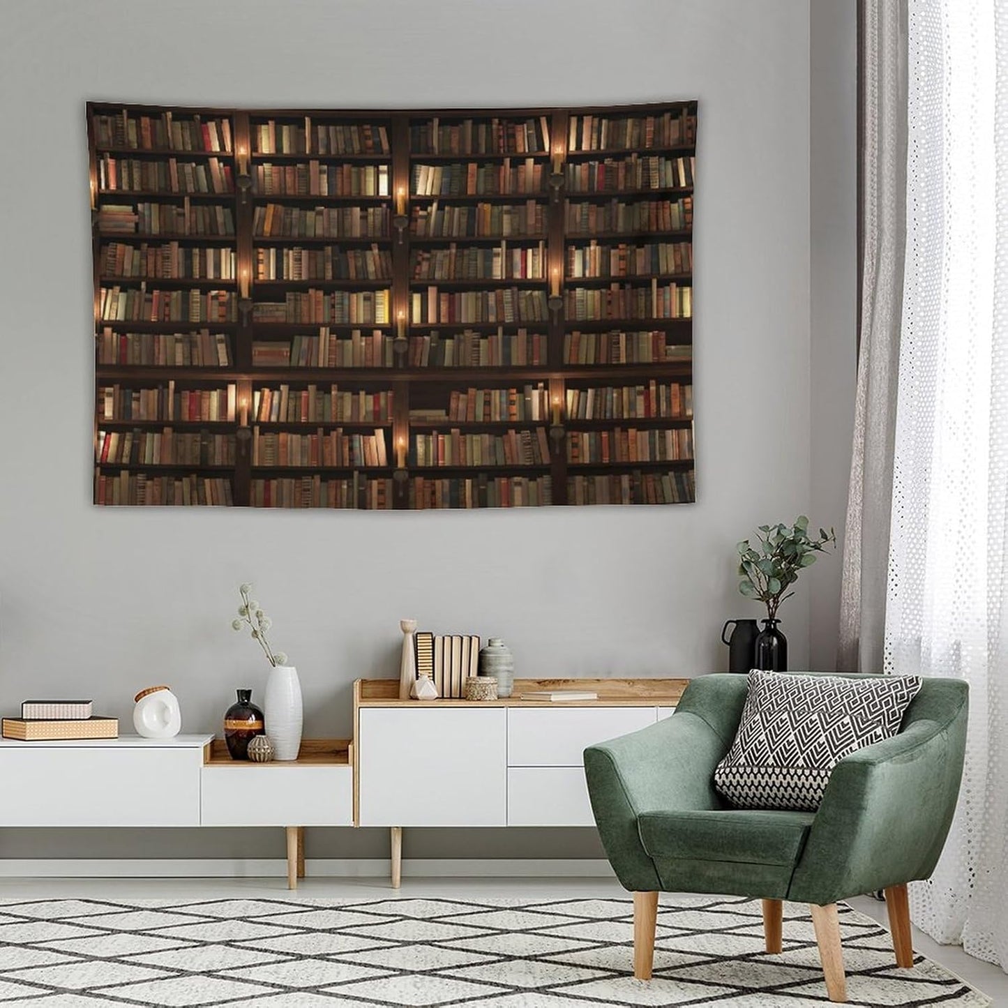 Kurtect Bookshelf Tapestry,Retro Library Bookcase Antique Mid Century Pattern Print Tapestries for Party Beach Picnic Blankets Tablecloths Living Room Wall Deocr, 60x90 in