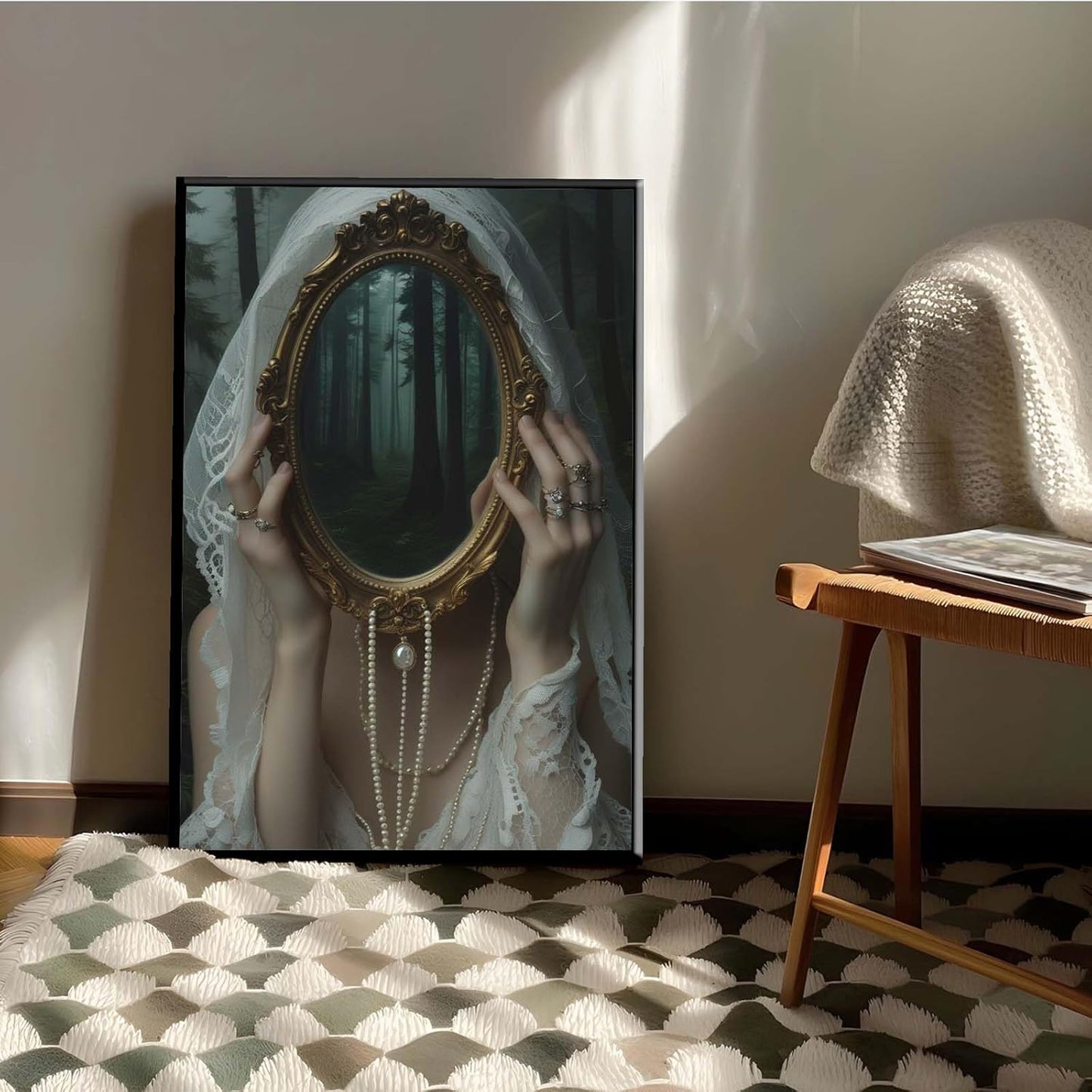 Mirror face covering dark art poster print melancholy gothic painting vintage feminine print victorian style decoration antique art12x16in Metal blackFramed