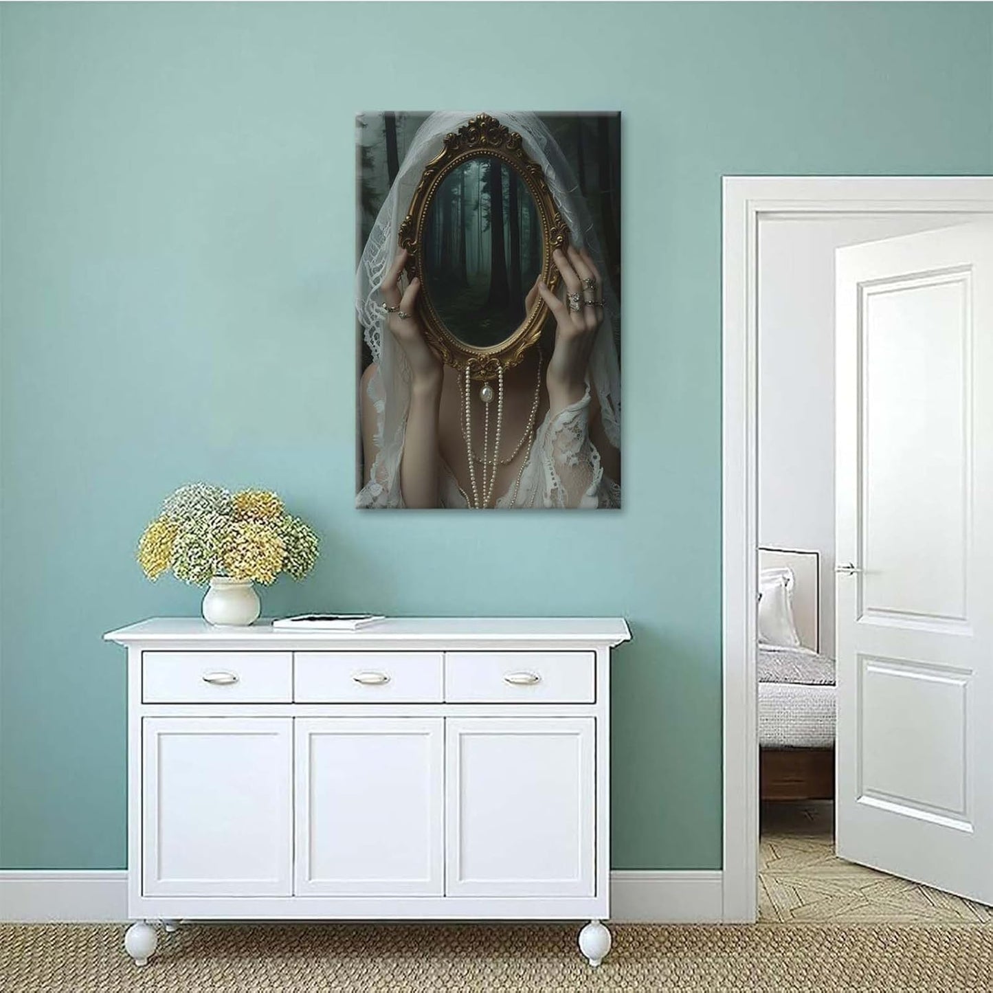 Mirror face covering dark art poster print melancholy gothic painting vintage feminine print victorian style decoration antique art8x12in Wood Framed
