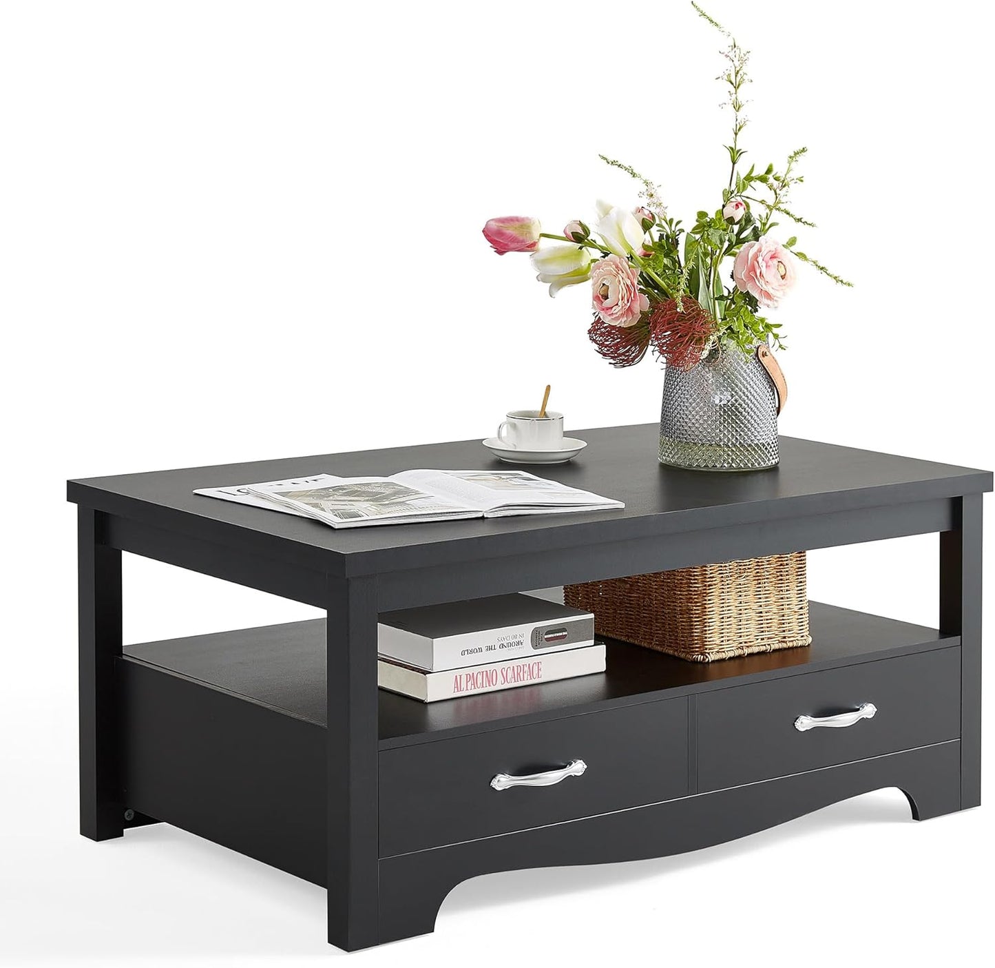 LINSY HOME Farmhouse Coffee Table with Storage, Wood Coffee Table for Living Room, Open Display Area and Storage Drawers with Metal Handles, Chic Style with Curved Base, Black