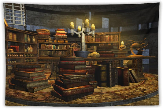 Kurtect Library Tapestry,Vintage Medieval Bookshelf Wooden Bookcase Antique Magic Art Tapestries for Party Beach Picnic Blankets Tablecloths Living Room Wall Deocr, 60x90 in