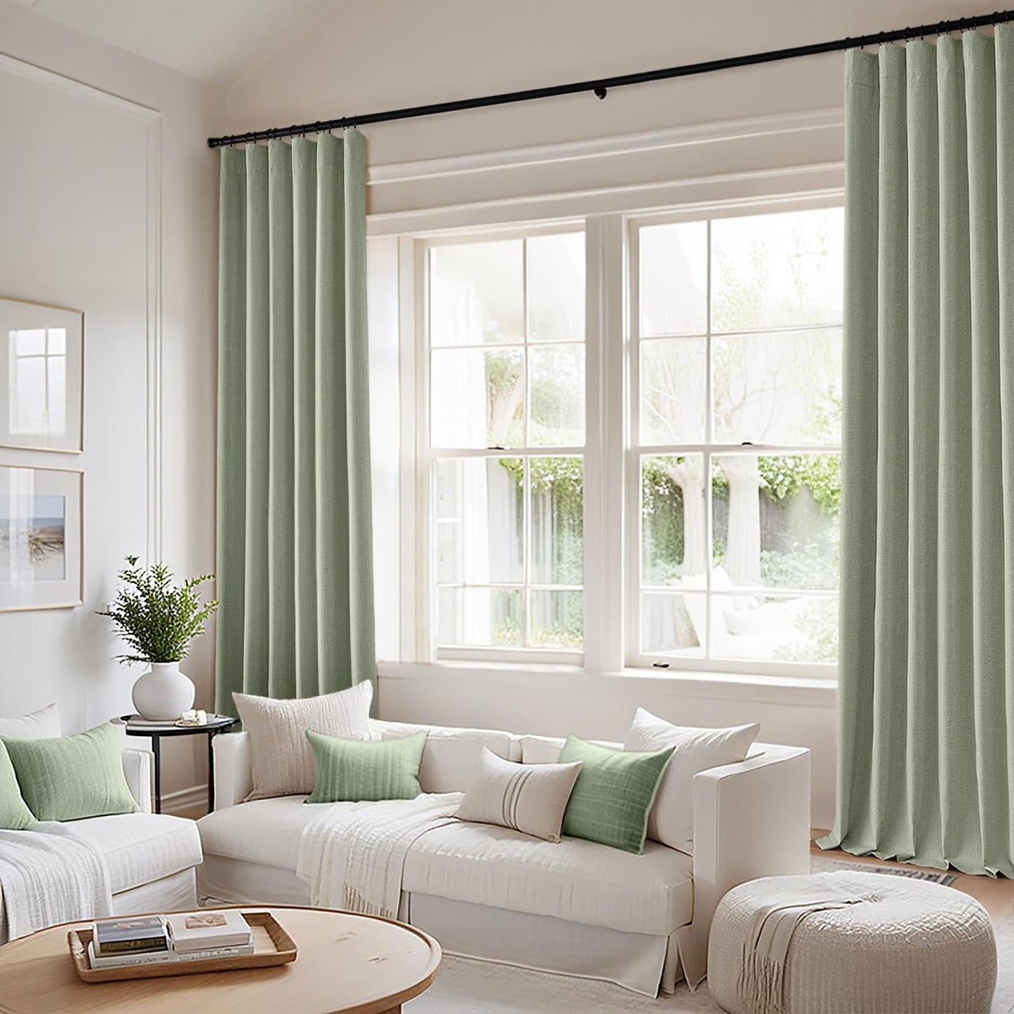 MIULEE 100% Blackout Curtains 90 Inch Long 2 Panels for Bedroom, Thick Luxury Faux Linen Black Out Curtain Room Darkening Back Tab Pleat Window Textured Drapes with Hooks for Living Room, Sage Green
