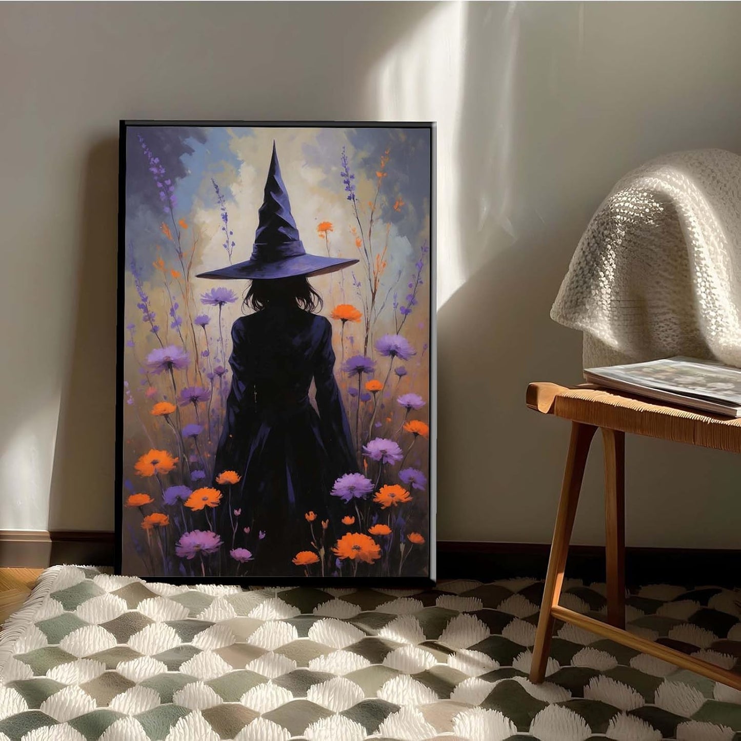 JFHCQJPK Country wildflower witch canvas print halloween mashup art witch purple decoration bohemian elegant art poster16x24in Metal blackFramed