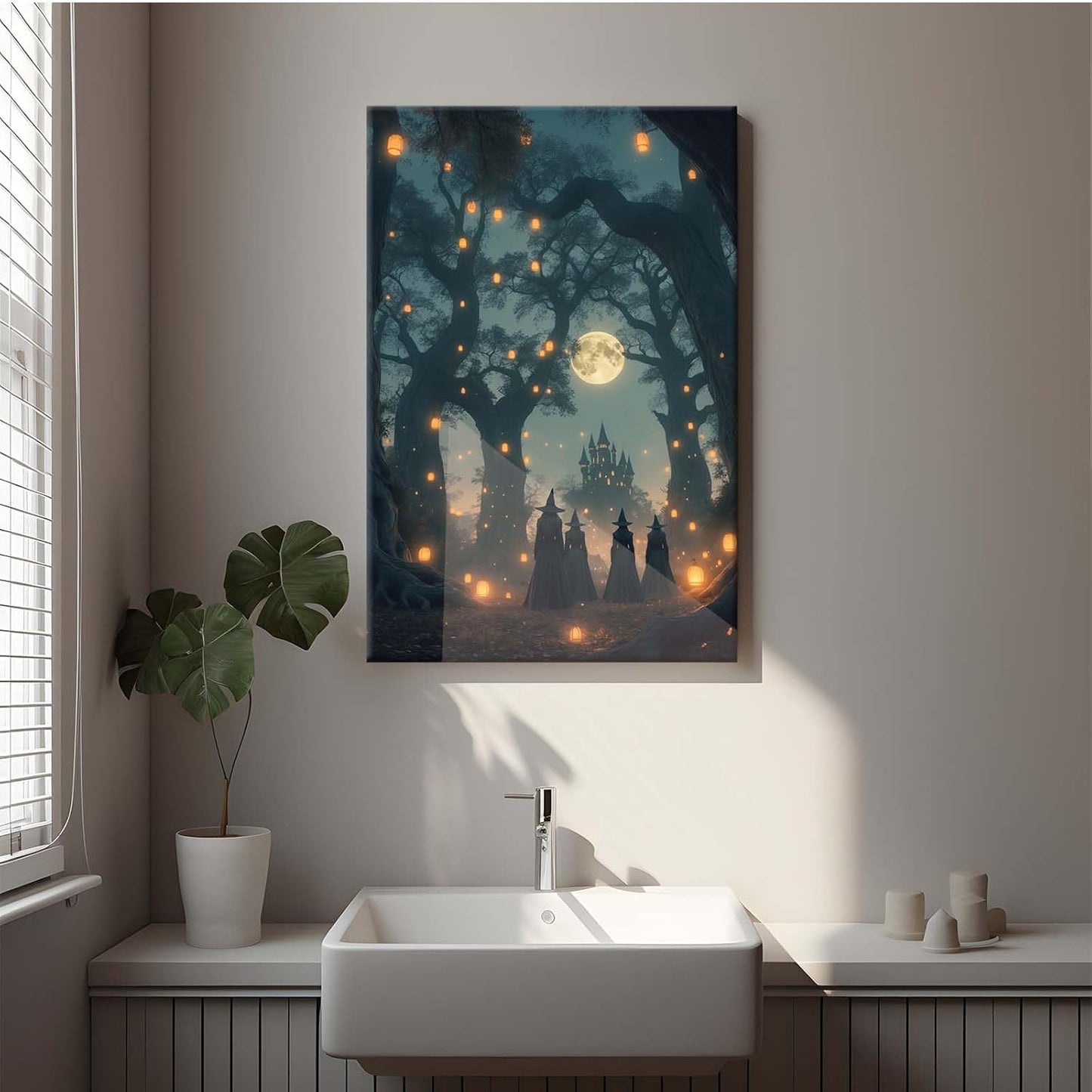 JFHCQJPK Mysterious creek painting witch and castle in magic forest art print canvas gothic print dark college decoration poster for home bedroom16x24in Frameless