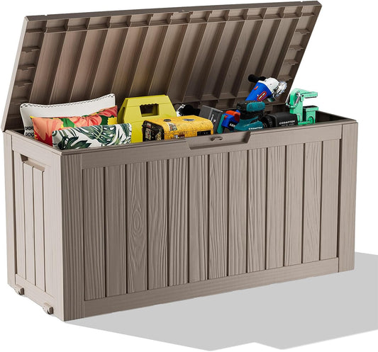 Vixzen 75 Gallon Resin Deck Box with wheels,Lockable Outdoor Storage Box for Patio Cushions Storage Furniture,Garden Tools,Weatherproof and UV Resistant- Grey