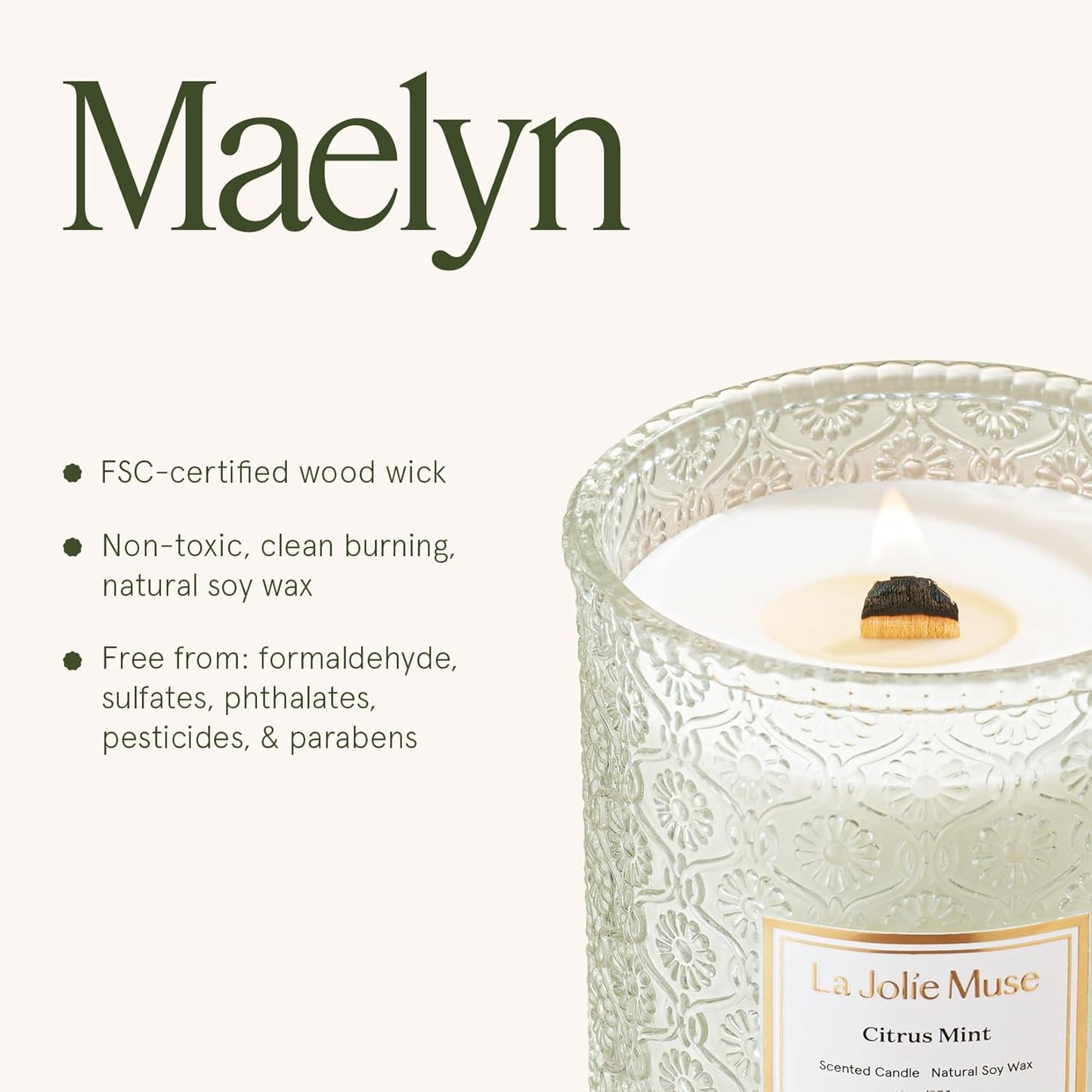 LA JOLIE MUSE Citrus Mint Candle - Bergamot, Yuzu, Mint | 19 oz Large Wooden Wick Candle | Natural Soy Wax | 90 Hours Clean Burn | Fresh Citrus Candles | Modern Home Decor