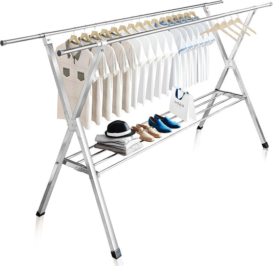 JAUREE Clothes Drying Rack 2 Tiers, Heavy Duty Drying Rack Clothing Folding Indoor Outdoor, Stainless Steel Laundry Drying Rack, Foldable Garment Rack with 20 Windproof Hooks (84 Inches)