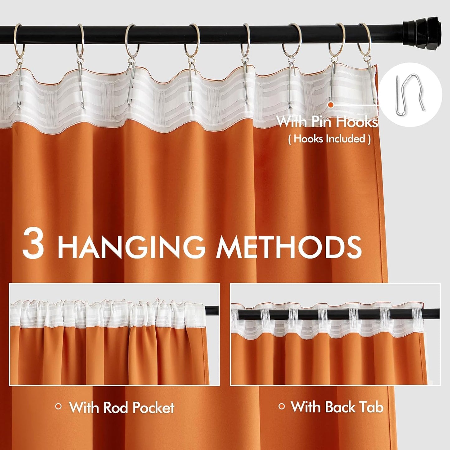 MIULEE Orange Back Tab Blackout Curtains 108 Inch Long 2 Panels Set for Living Room Bedroom Privacy, Rod Pocket/Pinch Pleated Fall Extra Long Thermal Insulated Room Darkening Light Blocking Drapes