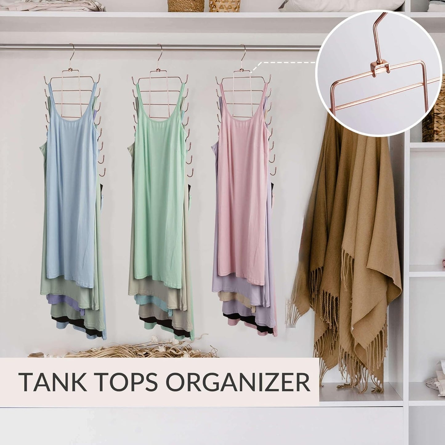 ZEDODIER 3 Pack Tank Top Hanger, Space Saving Bra Hangers, Non-Slip Hanging Sport Bras Holder, Closet Organizers and Storage for Camisoles Tank Tops Bras Ties Swimsuits Strappy Dress, Rose Gold