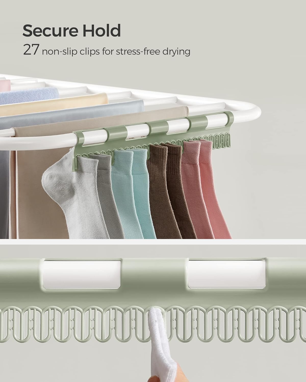 SONGMICS Clothes Drying Rack, Foldable 2-Level Laundry Drying Rack, Free-Standing Laundry Airer, with Height-Adjustable Wings, 33 Drying Rails, Sock Clips, White and Green ULLR053C01V1