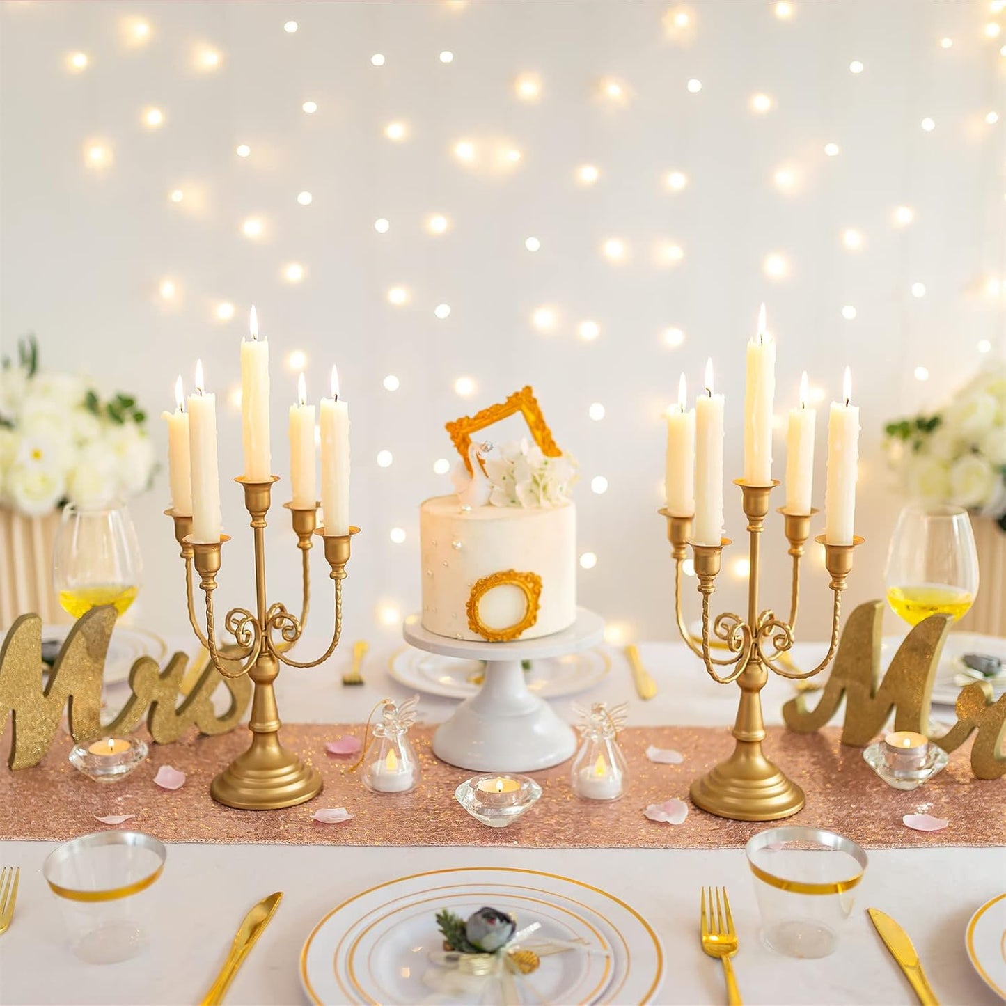 Sziqiqi Candelabra Candle Holder Gold Set of 6-5-arm Metal Candlestick Holders for Taper Candles for Centerpieces Table Wedding Christmas Fireplace Decor Birthday